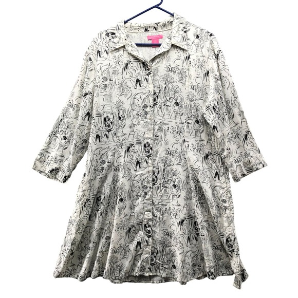 Isaac Mizrahi Dresses & Skirts - Isaac Mizrahi Toile Shirt Dress Womens XL White Black Cafe Print Linen Blend